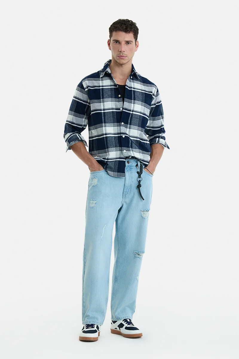 SNITCH Navy Blue Checkered Long Sleeve Regular Fit Casual Shirt