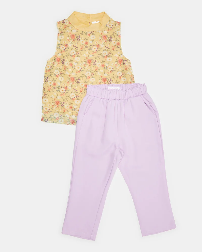 REDTAG Girls Mustard And Lilac Printed Casual Set (2 Piece)