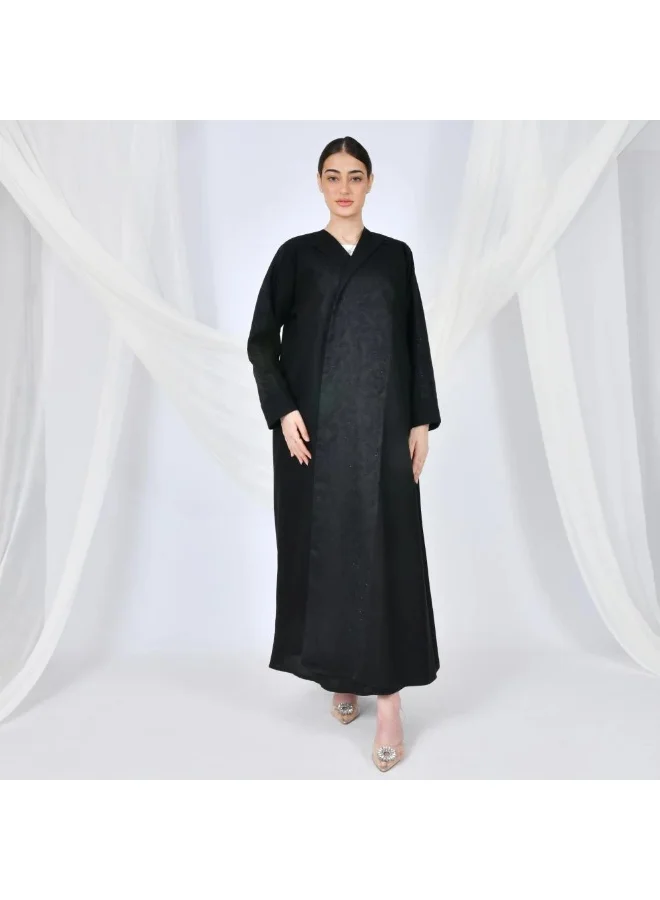 lamha abaya Black quarter-cloche wrap abaya with jacquard fabric overlay decorated with rhinestones