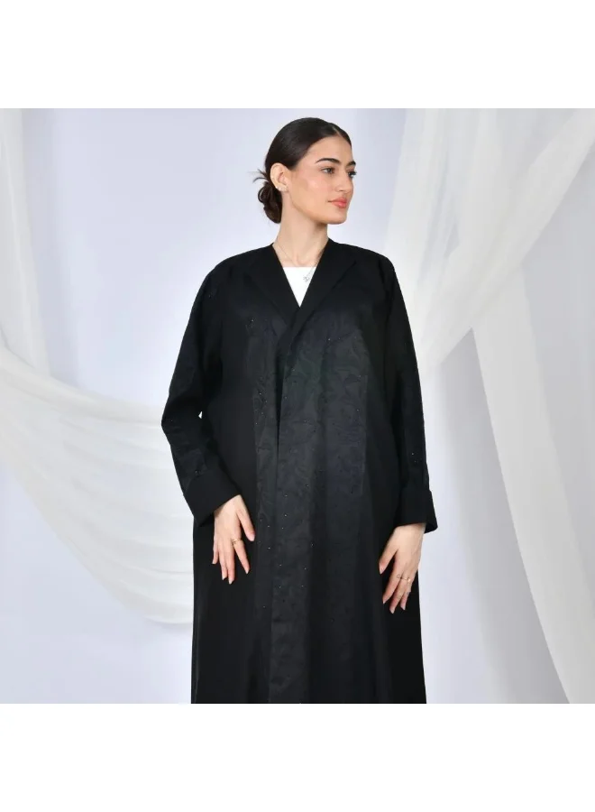 lamha abaya Black quarter-cloche wrap abaya with jacquard fabric overlay decorated with rhinestones