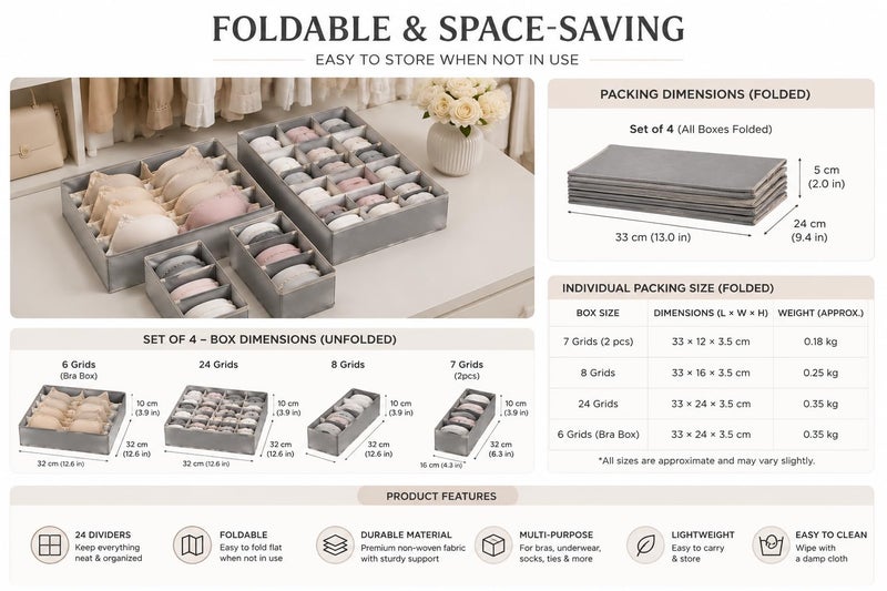 Lingerie Storage Box with 24 Compartments, Foldable Underwear Drawer Organizer for Bras, Socks, Panties & Accessories, Fabric Closet Storage Bin for Cabinets, Shelves & Dressers (Grey) - Image 2