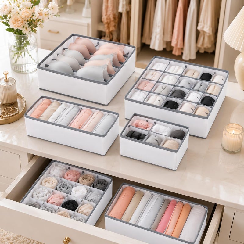 Lingerie Storage Box with 24 Compartments, Foldable Underwear Drawer Organizer for Bras, Socks, Panties & Accessories, Fabric Closet Storage Bin for Cabinets, Shelves & Dressers (Grey) - Image 4