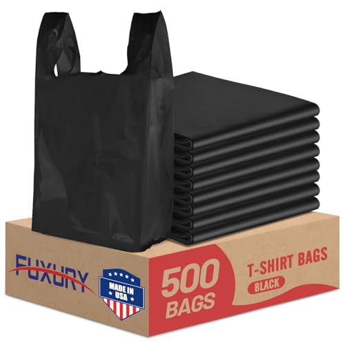 Fuxury 500 Count Plastic Tshirt Bags Black 115 x 65 x 21 Grocery Trash Take Out To Go Restaurants Retail Shopping Bags in Bulk for Small Business Made in USA - Image 1