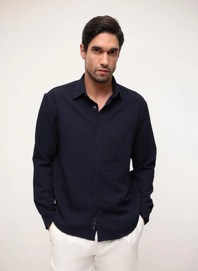 Dennis Lingo Navy Solid Print Button Down Relaxed Shirt For Men