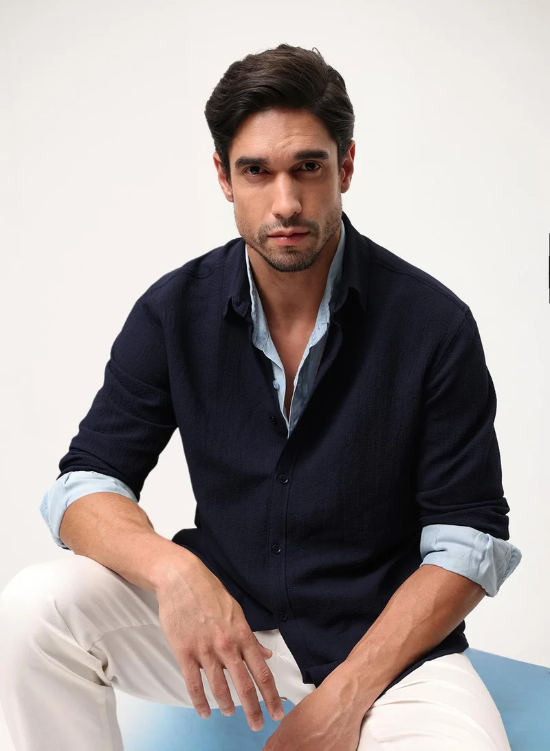 Dennis Lingo Navy Solid Print Button Down Relaxed Shirt For Men