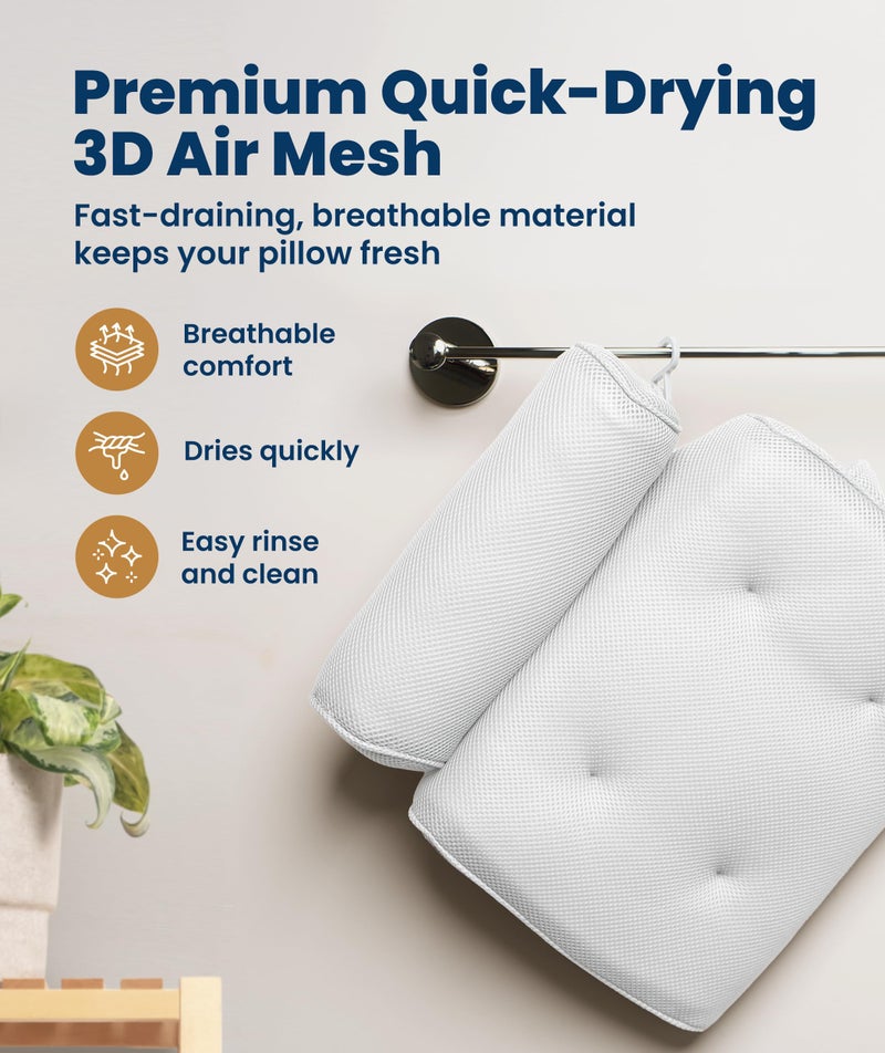 Everlasting Comfort Luxury Bath Pillows for Tub with Head and Neck Support - Non-Slip Bathtub Pillow with Suction Cups, Quick-Drying Mesh & Drying Hook - Jacuzzi & Spa Accessories for Women - White - Image 4