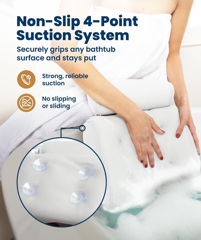 Everlasting Comfort Luxury Bath Pillows for Tub with Head and Neck Support - Non-Slip Bathtub Pillow with Suction Cups, Quick-Drying Mesh & Drying Hook - Jacuzzi & Spa Accessories for Women - White - Image 3