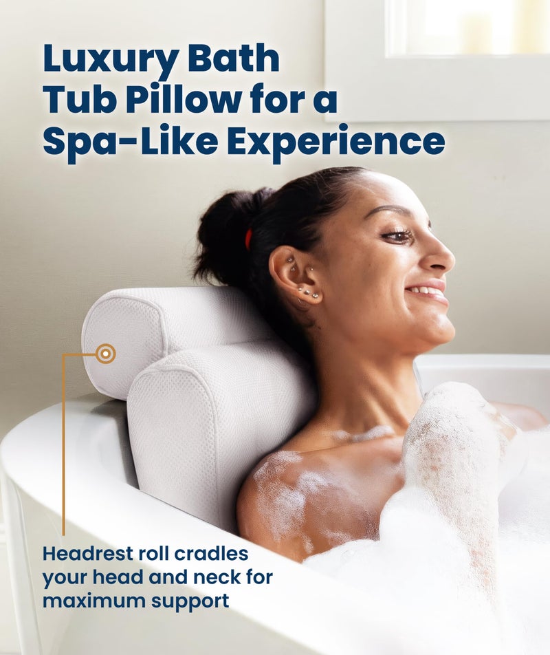 Everlasting Comfort Luxury Bath Pillows for Tub with Head and Neck Support - Non-Slip Bathtub Pillow with Suction Cups, Quick-Drying Mesh & Drying Hook - Jacuzzi & Spa Accessories for Women - White - Image 2