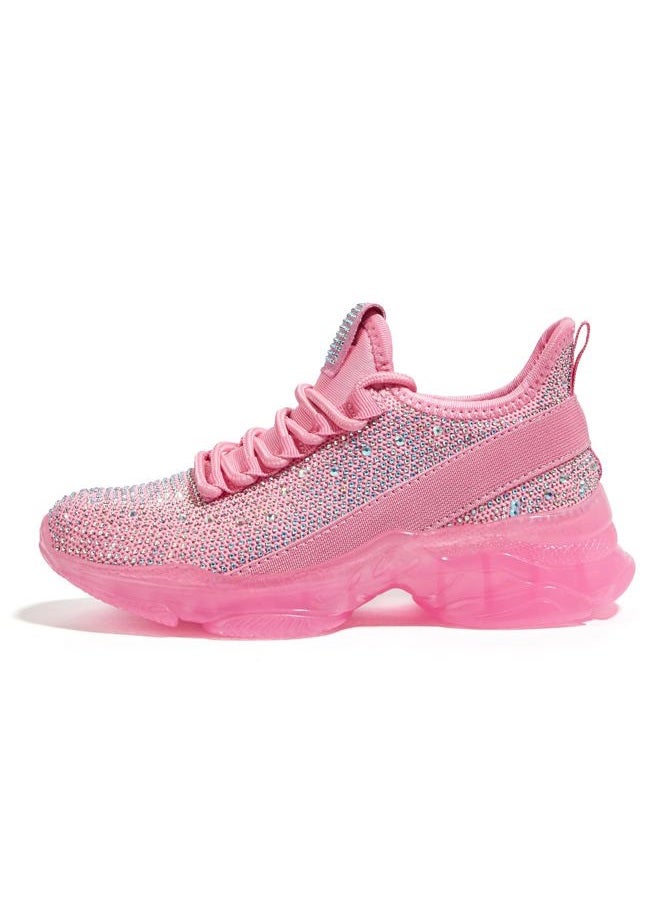 LUCKY STEP Girls Rhinestone Slip On Sneakers Kids Sparkly Lightweight Tennis School Knit Jelly Sole Glitter Walking Shoes Toddler(Pink Rhinestone,34EU)