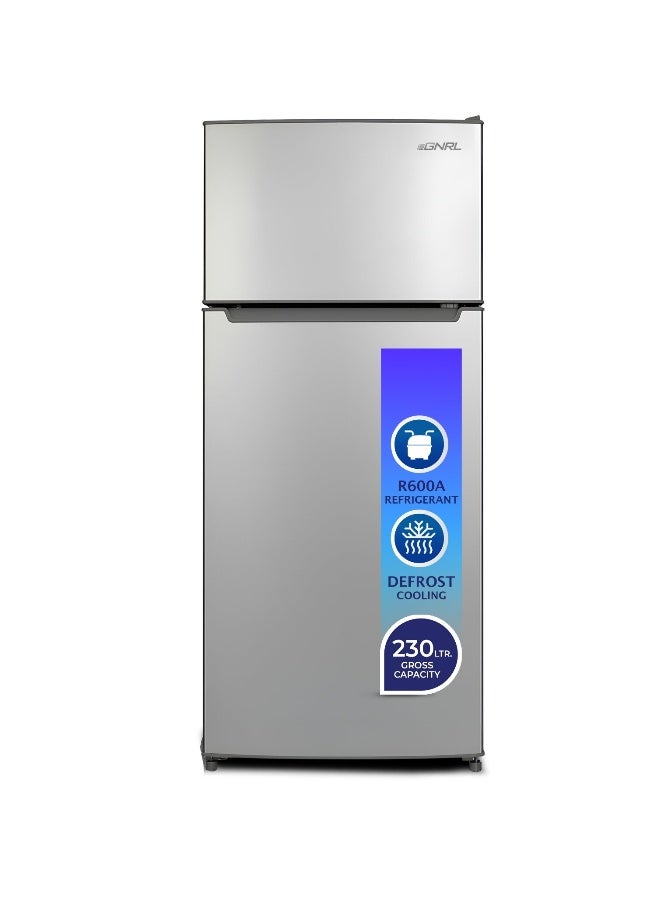 EGNRL 230L Gross/208L Net Capacity, Double Door Refrigerator, EGR230S| Mechanical Control, Energy Saving & Low Noise |Defrost, Recessed Handle, R600A, Inside Condenser, Dark Silver Color, One Year Warranty 90 W EGR230S Dark Silver