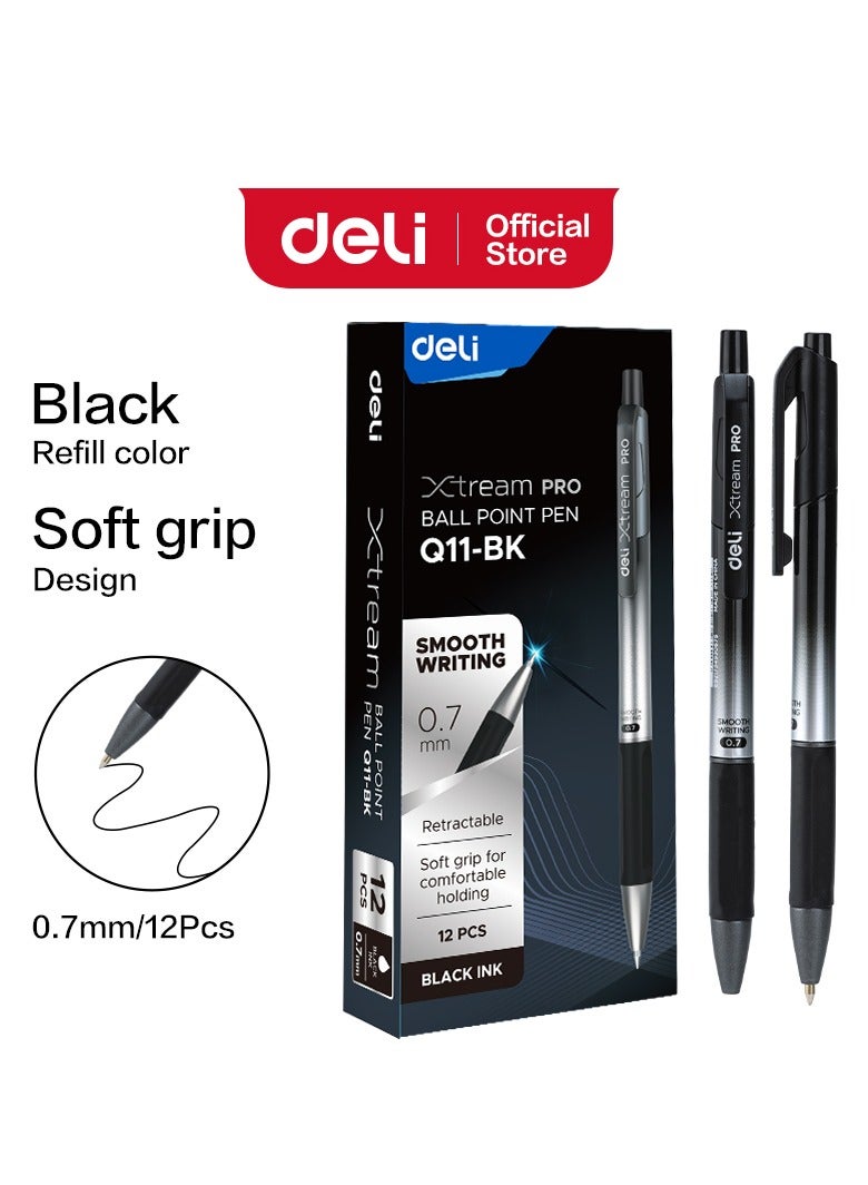 Deli EQ11-BK Xtream Pro Ballpoint Pens, 0.7mm Black Ink, Smooth Writing Pens with Soft Grip, Retractable Design, 12-Pack for Office & School. - Image 1