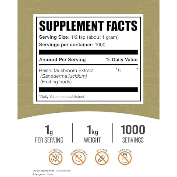 BulkSupplements.com Reishi Mushroom Extract Powder - Reishi Mushroom Powder, Supplement for Overall Well-Being - Gluten Free, 1g per Serving, 1kg (2.2 lbs) (Pack of 1) - Image 2