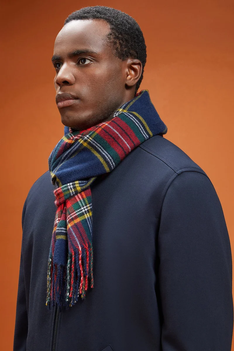 دوبل غانغر Men's tartan patterned scarf with fringes - Blue/Red