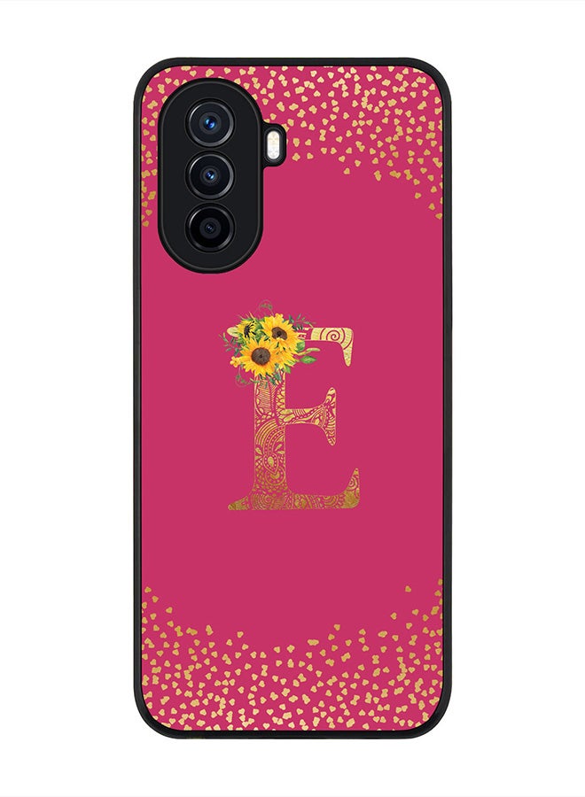 Stylizedd Rugged Black Edge Case for Huawei Nova Y70 , Slim fit Thin Cover -  Custom Monogram Initial Letter Mandala Floral Pattern Alphabet- E (Dark Pink Rose) - Image 1