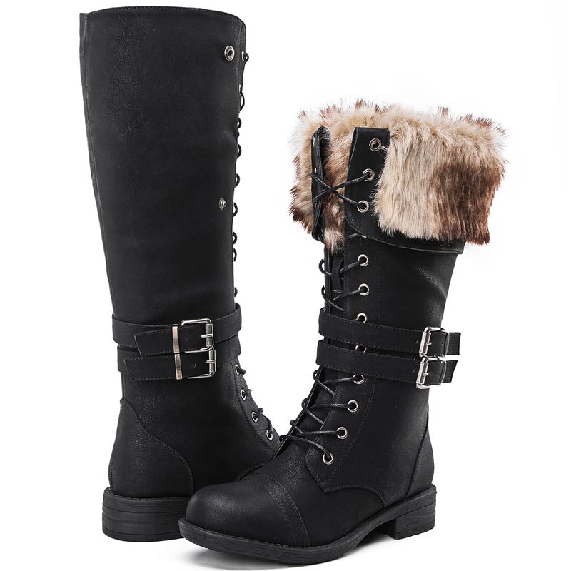 GLOBALWIN Women's Mid Calf To Knee High Boots Dressy Lace Up Black Combat Boots for Women Low Heel Size 10M - Image 2