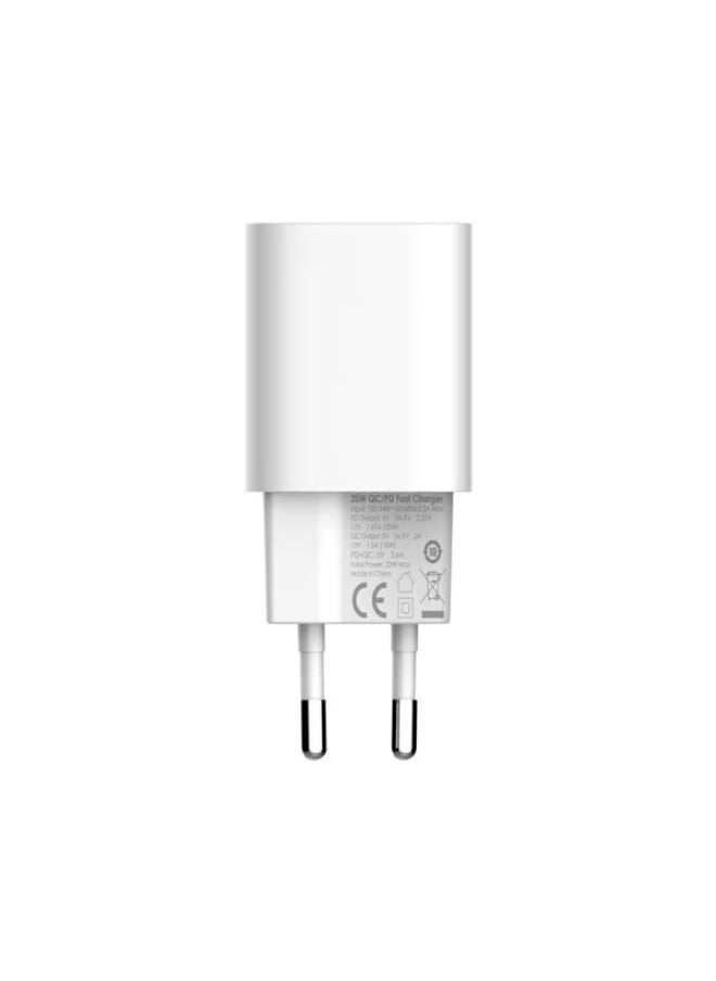 LDNIO - A2318C شاحن سريع عالي الجودة بمنفذ الاتحاد الأوروبي (Type-C &amp; USB) 20W PD+QC مع كابل شحن Lightning USB - أبيض - Image 1