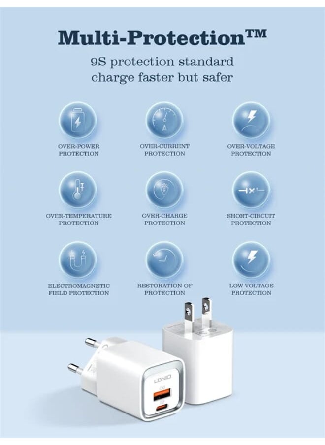 LDNIO - A2318C شاحن سريع عالي الجودة بمنفذ الاتحاد الأوروبي (Type-C &amp; USB) 20W PD+QC مع كابل شحن Lightning USB - أبيض - Image 1