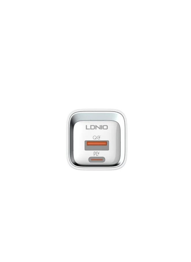 LDNIO - A2318C شاحن سريع عالي الجودة بمنفذ الاتحاد الأوروبي (Type-C &amp; USB) 20W PD+QC مع كابل شحن Lightning USB - أبيض - Image 1