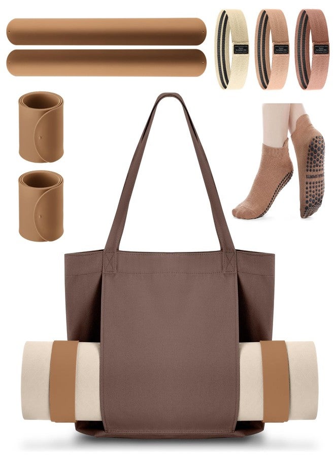 Halloscume Yoga Bag Set for Women Including Yoga Mat Tote Bag, Booty Resistance Bands, Non Slip Sports Socks Silicone Ties for Pilates Travel Workout Office Home Gym(Brown) - Image 1