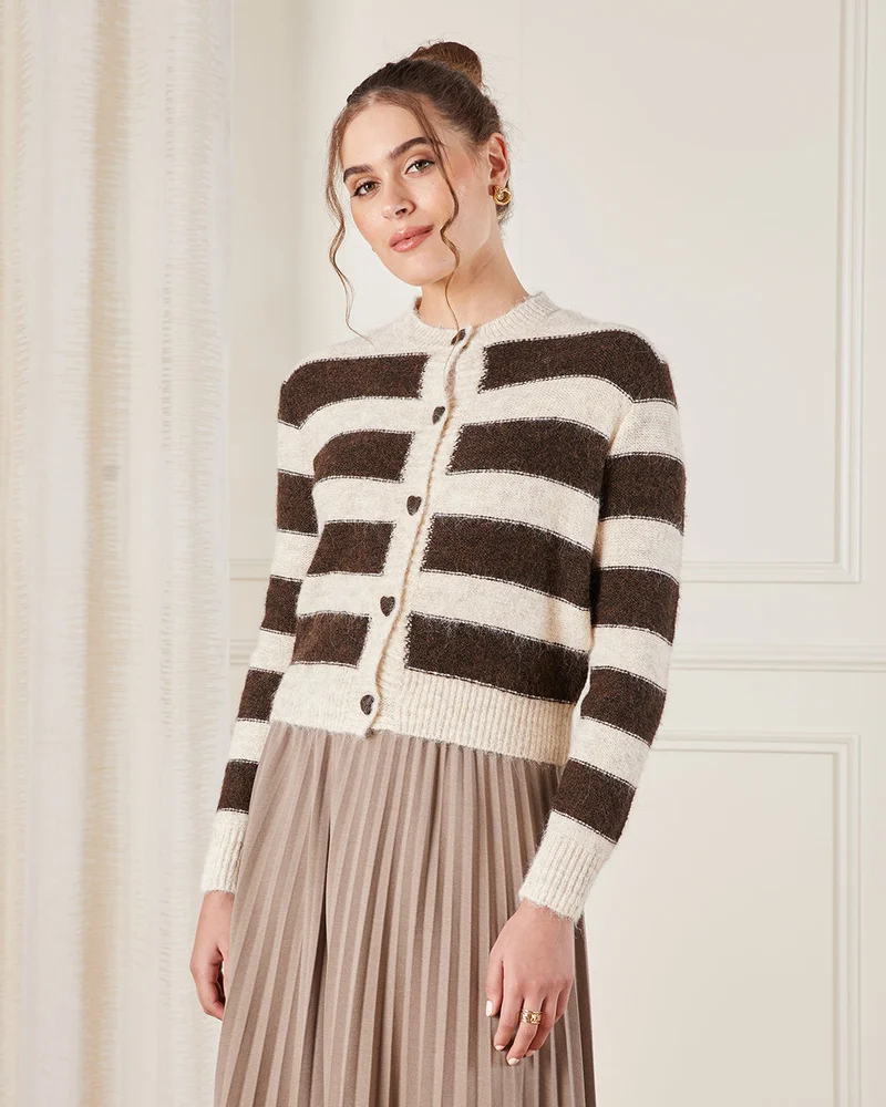 Redtag Women Beige and Brown Striped Knitted Cardigan