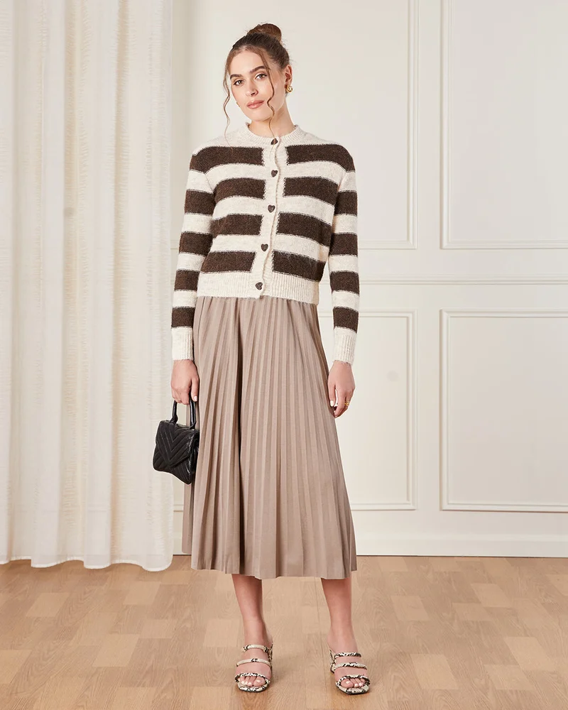 Redtag Women Beige and Brown Striped Knitted Cardigan