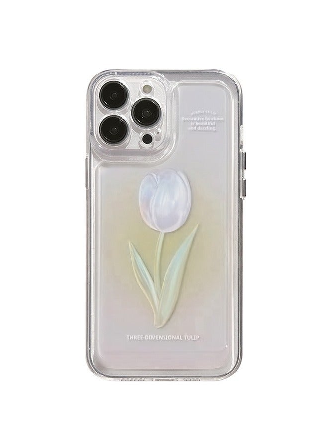 Compatible with iPhone 15 Pro Max Clear Case， oil painting flower pattern design Girly Phone Case for Women Girls Soft TPU Cover，Green gradient white tulips ﻿ - Image 1