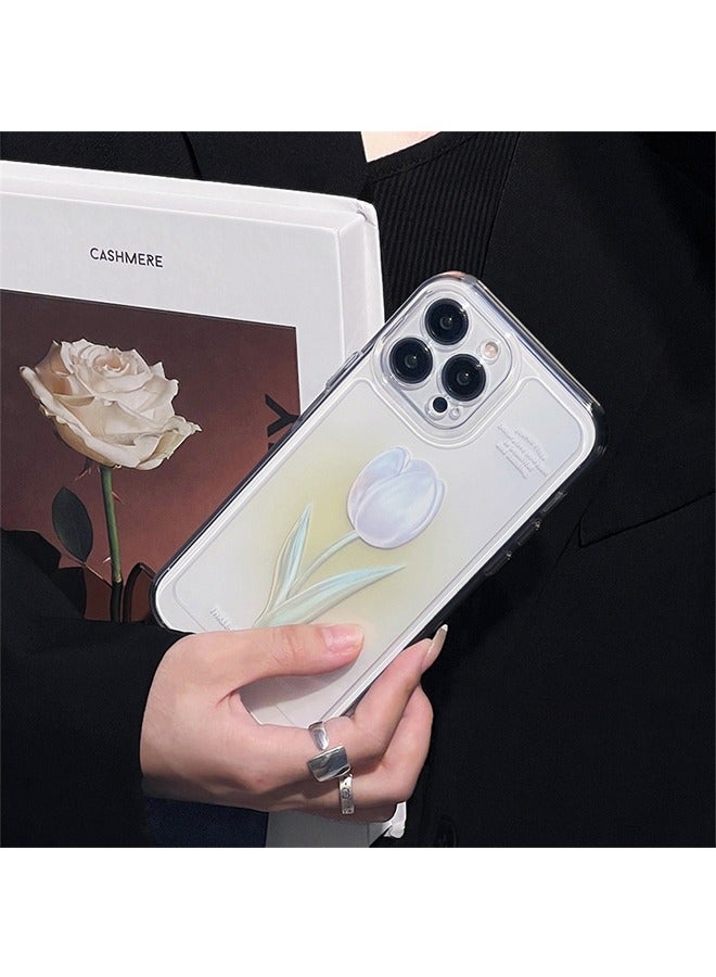 Compatible with iPhone 15 Pro Max Clear Case， oil painting flower pattern design Girly Phone Case for Women Girls Soft TPU Cover，Green gradient white tulips ﻿ - Image 2
