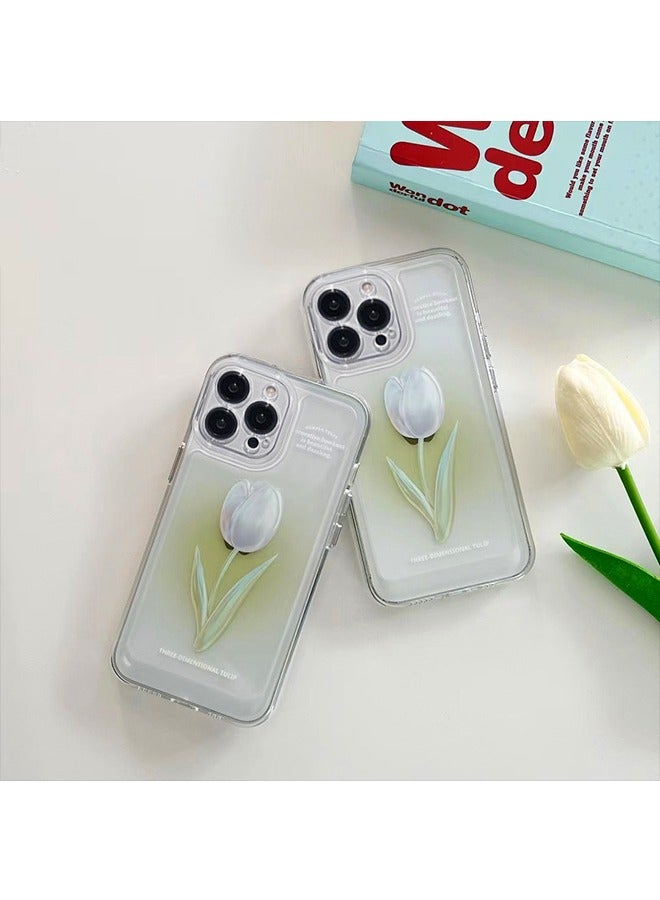 Compatible with iPhone 15 Pro Max Clear Case， oil painting flower pattern design Girly Phone Case for Women Girls Soft TPU Cover，Green gradient white tulips ﻿ - Image 3