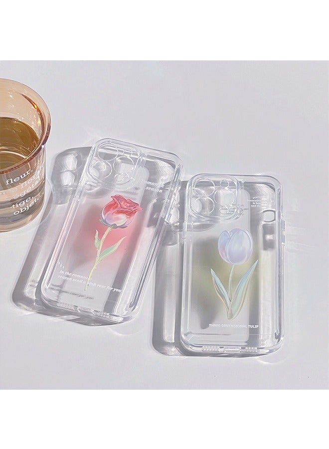 Compatible with iPhone 15 Pro Max Clear Case， oil painting flower pattern design Girly Phone Case for Women Girls Soft TPU Cover，Green gradient white tulips ﻿ - Image 4