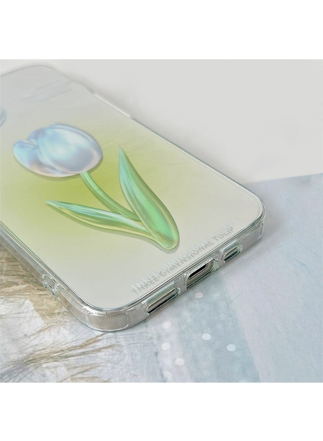 Compatible with iPhone 15 Pro Max Clear Case， oil painting flower pattern design Girly Phone Case for Women Girls Soft TPU Cover，Green gradient white tulips ﻿ - Image 5