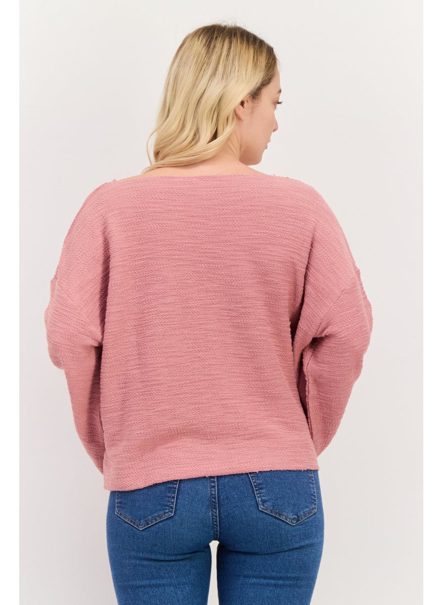 Roxy - Women V-Neck Long Sleeve Textured Top, Old Rose - Image 1