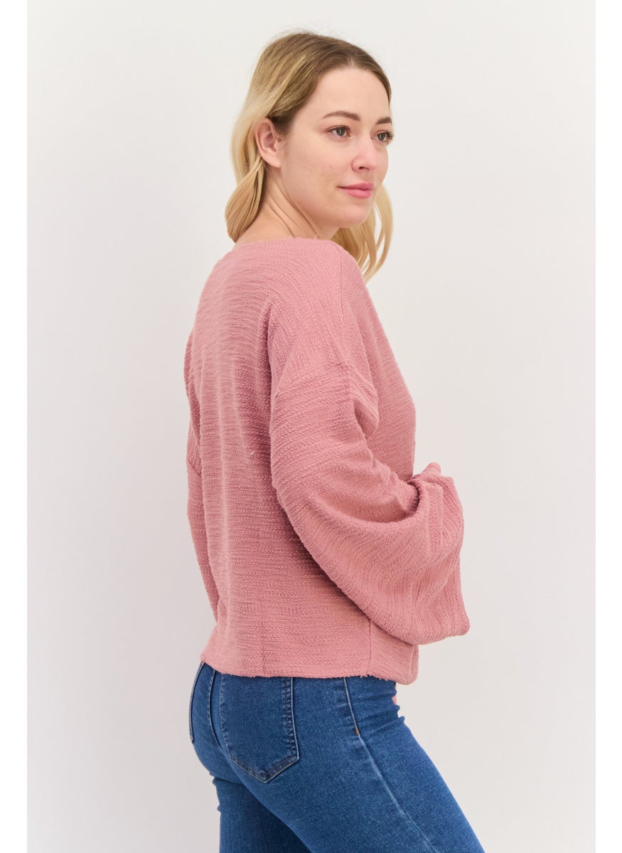 Roxy - Women V-Neck Long Sleeve Textured Top, Old Rose - Image 1