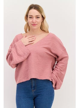 Women V-Neck Long Sleeve Textured Top, Old Rose