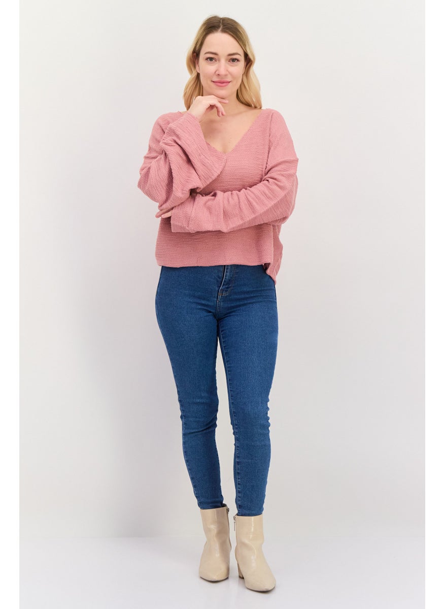 Roxy - Women V-Neck Long Sleeve Textured Top, Old Rose - Image 1