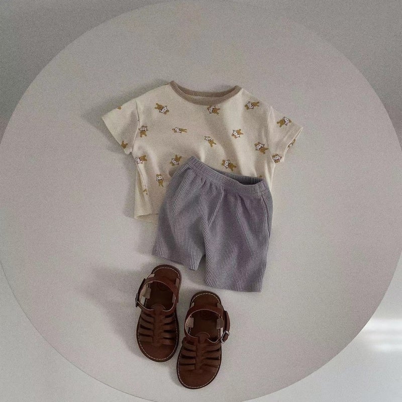 Korean Style Ins Summer New Top Full Print Animal Solid Color Shorts Refreshing suit Western Style Casual Daily Wear light purple Pants 