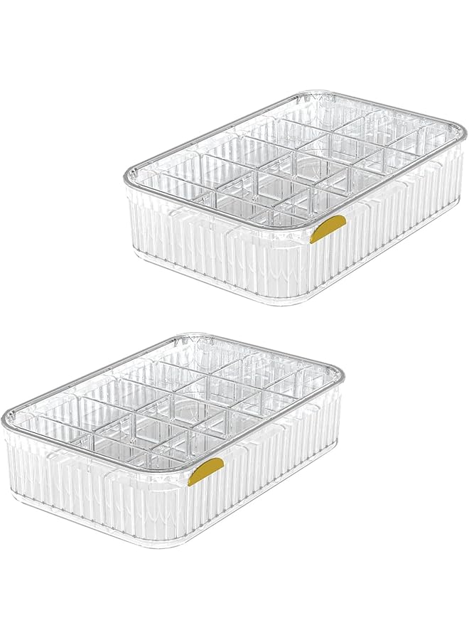 Green Tiger Clear Acrylic Underwear and Sock Organizer Set, 15 Compartment Drawer Storage Box with Lid, 2 Pack for Neat and Tidy Spaces
