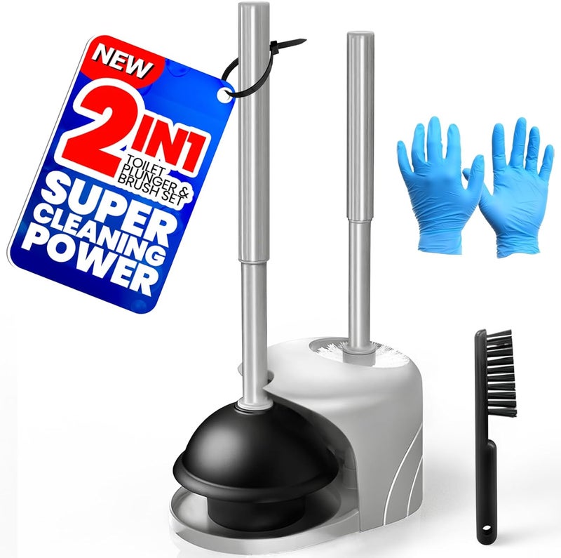 Denvlex 2 in 1 Toilet Brush and Plunger Set, Extended Handle Plunger,Toilet Bowl Brush Plunger Set,Bathroom Cleaning Tools,Cleaning Brush,Cleaning Supplies,Toilet Brush Plunger Combo,Dark Grey - Image 1