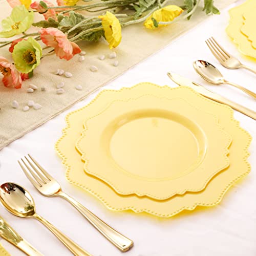 COLOSUS Disposable Lemon Yellow Plastic Plates 60Pcs, Light Baby Yellow Party Plates, Heavy Duty 30 Dinner plate 10.5” and 30 Salad/Dessert Plate 8.25” for Easter day Party Dinner - Image 3