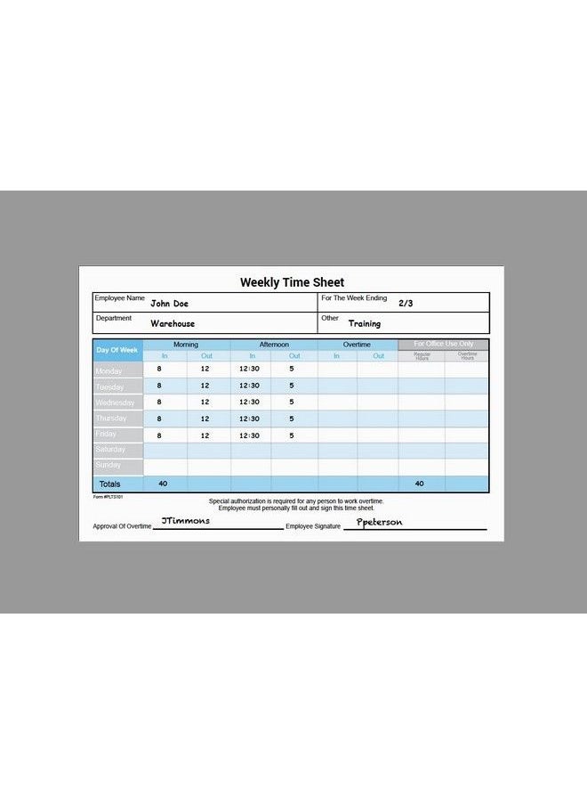 Generic - Weekly Time Sheets 8 1 2" X 5 1 2" Two Part Carbonless White And Yellow Copies Two Color Printing On The Front Side 100 Two Part Sets Per Pack Made And Printed In The Usa - Image 1