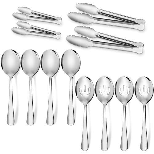 XEVOM 12PCS Stainless Steel Serving Utensils Sets - Large Serving Spoons,Slotted Spoons,Serving Tongs,Appetizer Tongs,Utensills Sets for Buffet Catering Banquet Party (Silver) - Image 1