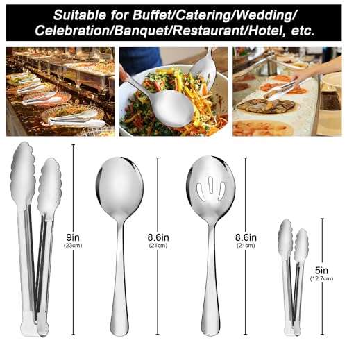 XEVOM 12PCS Stainless Steel Serving Utensils Sets - Large Serving Spoons,Slotted Spoons,Serving Tongs,Appetizer Tongs,Utensills Sets for Buffet Catering Banquet Party (Silver) - Image 2