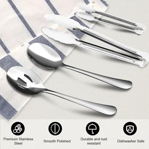 XEVOM 12PCS Stainless Steel Serving Utensils Sets - Large Serving Spoons,Slotted Spoons,Serving Tongs,Appetizer Tongs,Utensills Sets for Buffet Catering Banquet Party (Silver) - Image 4