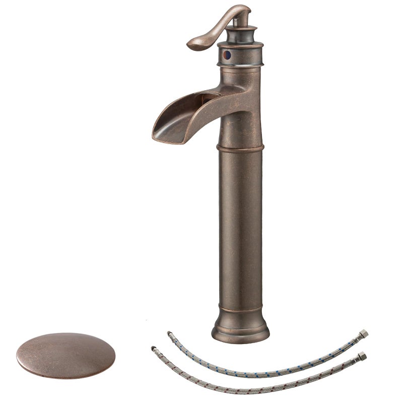 صنبور حوض BWE بتصميم شلال نحاسي عتيق ثقب واحد مع سدادة تصريف قابلة للرفع بدون تدفق وخطوط إمداد صنبور خلط حوض الحمام بمقبض واحد