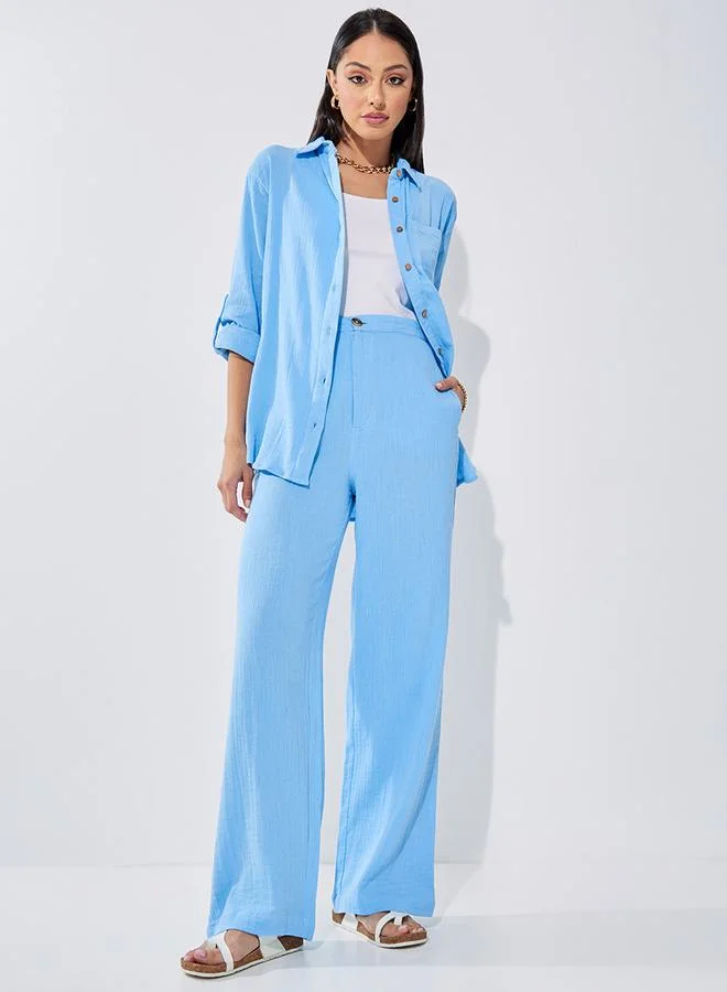 Styli High Rise Wide Leg Textured Trouser