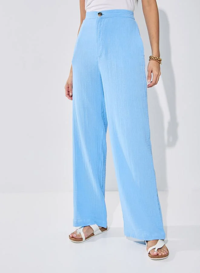 Styli High Rise Wide Leg Textured Trouser