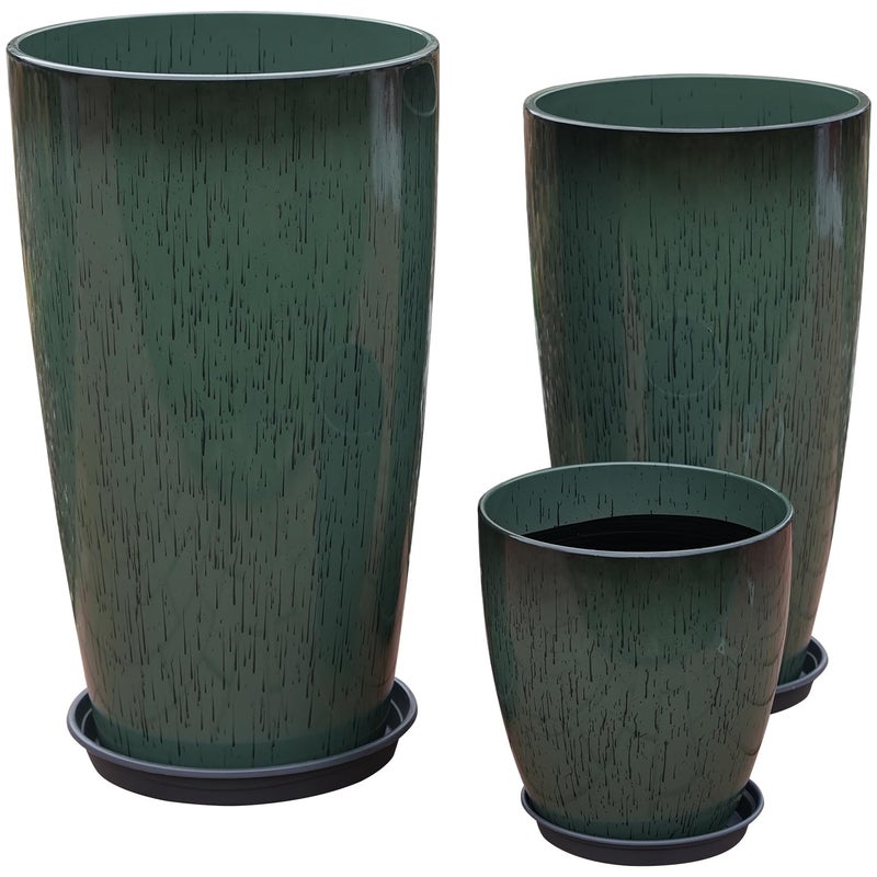 MinCHI257 24,21,11 Inch Large Plastic Planters with Drainage Hole and Saucer - Set of 3 Tall Plant Pots Indoor Flower Pot Tall Round Planters Outdoor Large Tall Planter - Image 1
