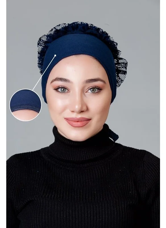 Nanak Navy Blue Combed Cotton Frilly Non-Slip Bonnet