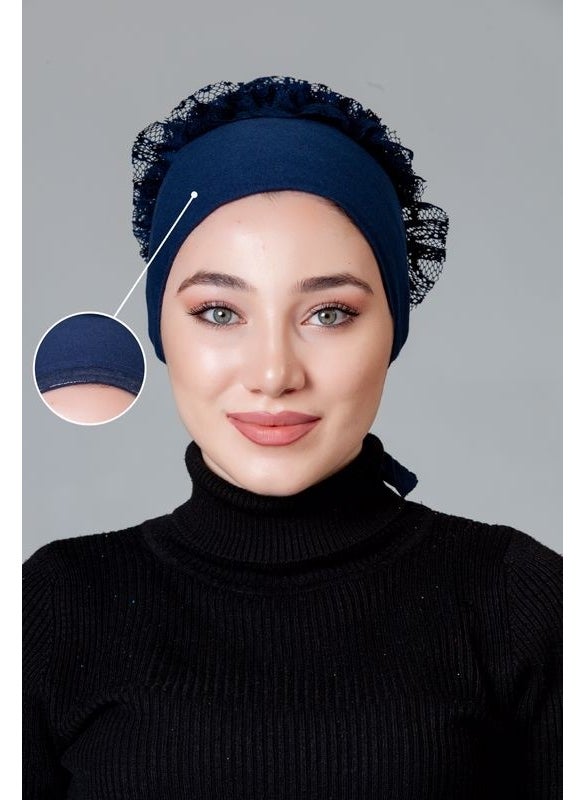 Nanak Navy Blue Combed Cotton Frilly Non-Slip Bonnet  - Image 1