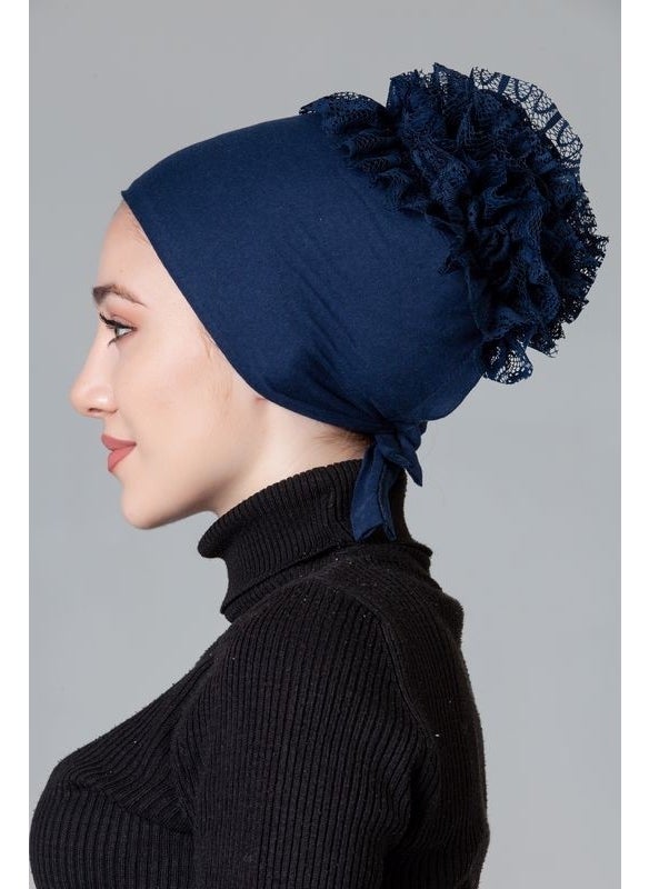 Nanak Navy Blue Combed Cotton Frilly Non-Slip Bonnet  - Image 3