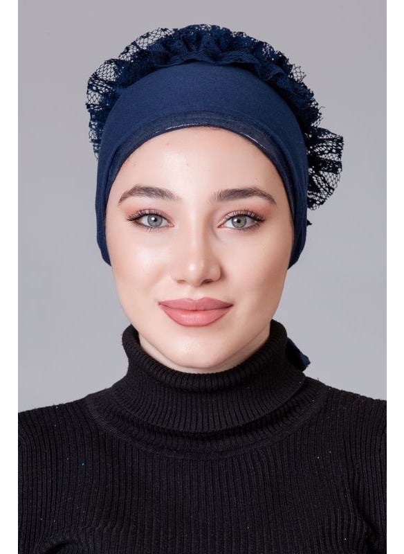 Nanak Navy Blue Combed Cotton Frilly Non-Slip Bonnet  - Image 4